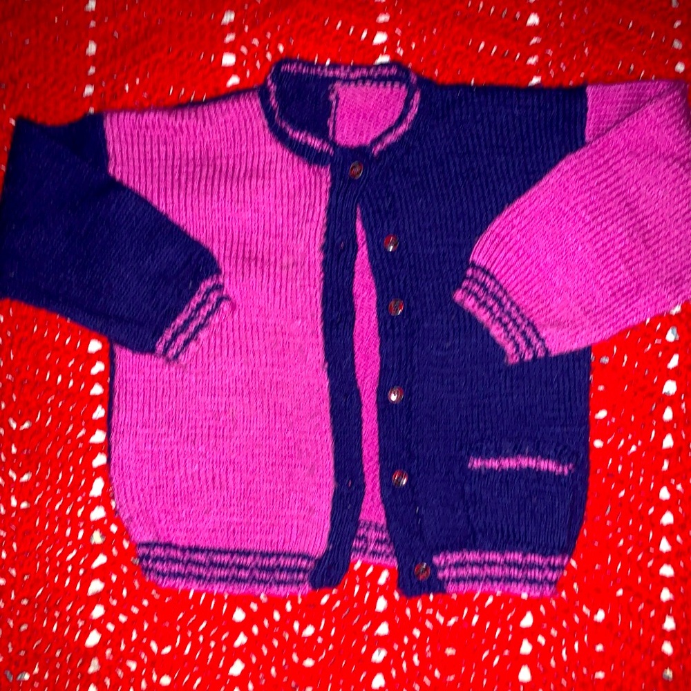 Handknit Colorblock Children’s Blue Purple Cardigan